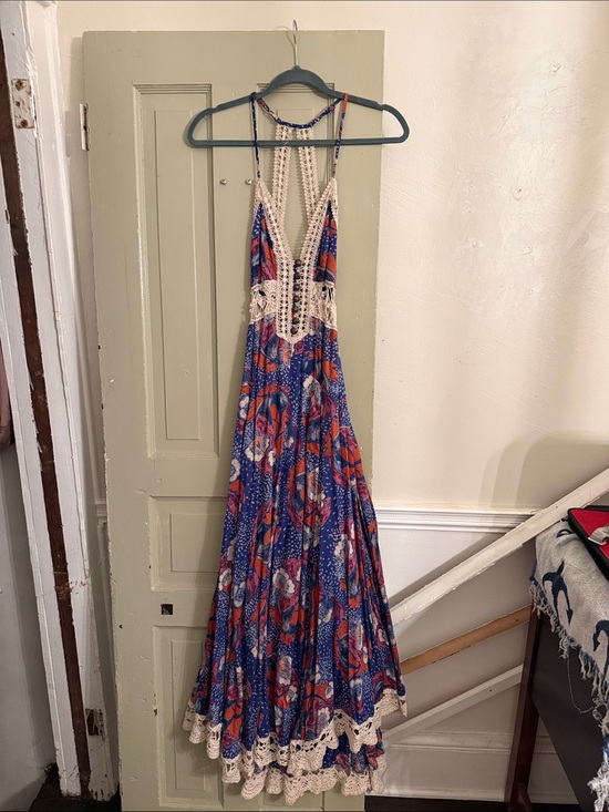 Free People Dresses & Skirts - Free People Crochet-Trim Halter Maxi Dress - Blue & Coral